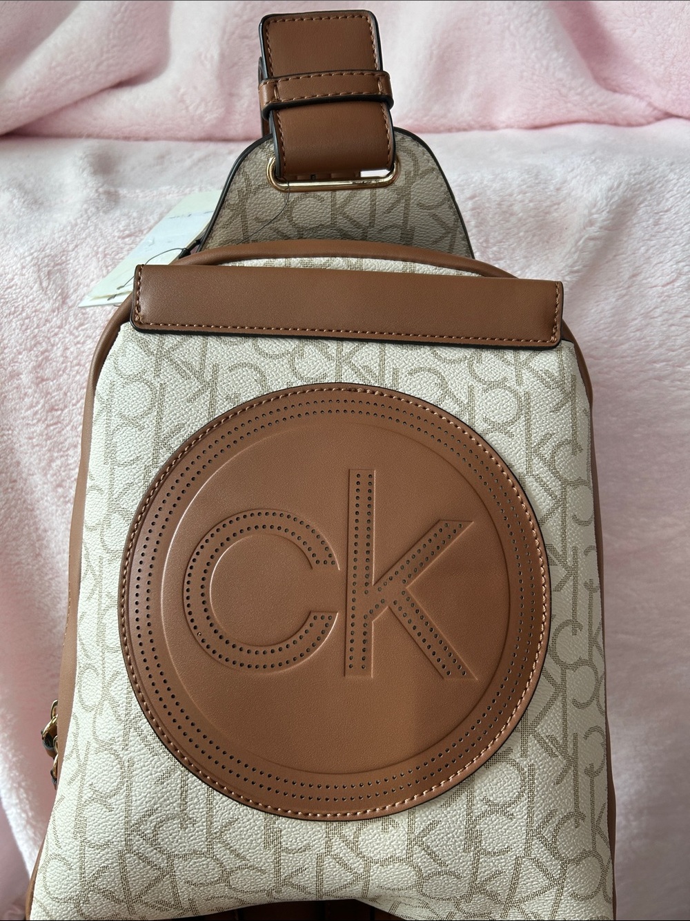 Calvin Klein Cream & Tan CK Monogram Crossbody Sling